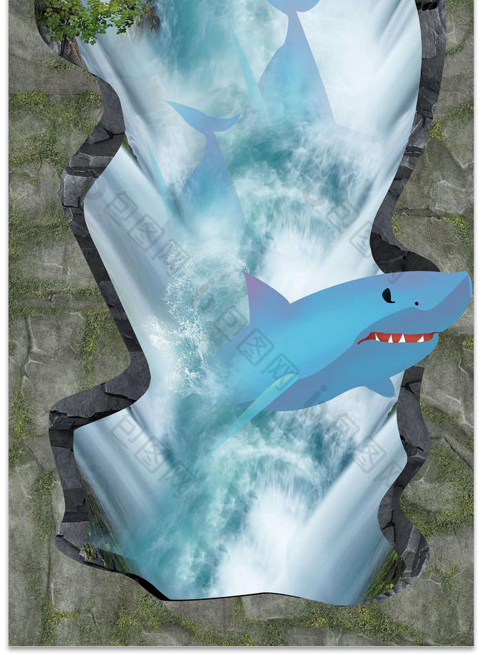 3D立体瀑布鲨鱼岩石地板画