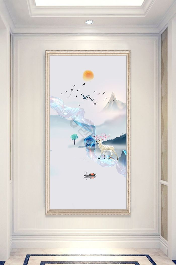 新中式抽象艺术大理石纹小鹿飞鸟玄关装饰画