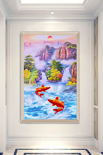 中式唯美禅意艺术山水风景鲤鱼玄关装饰画图片