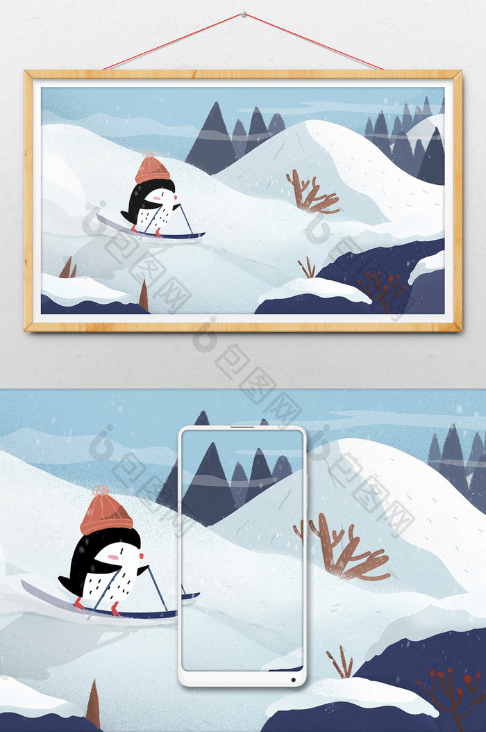 唯美蓝色雪天小寒滑雪可爱企鹅