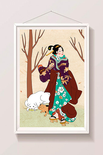 浮世绘人与狗传统中国风线描画图片