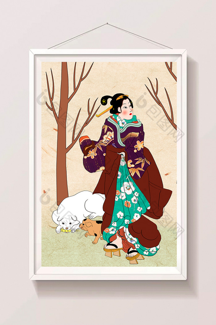浮世绘人与狗传统中国风线描画