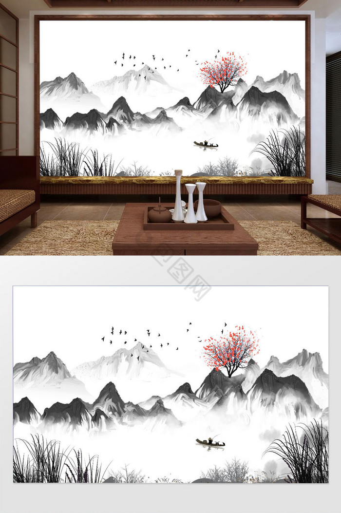 新中式抽象山水山脉飞鸟背景墙图片
