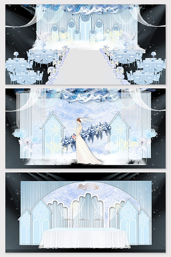 蓝色简约欧式教堂婚礼舞台效果图图片