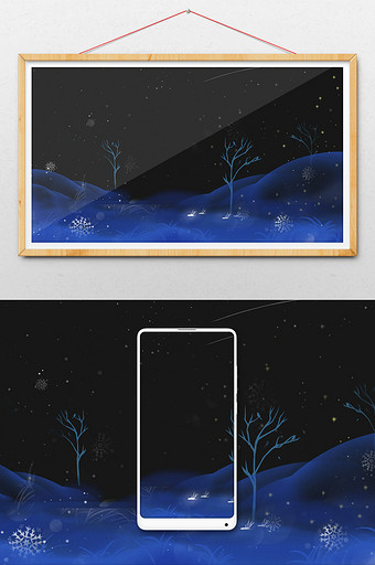 手绘夜空中飘落的雪插画背景图片