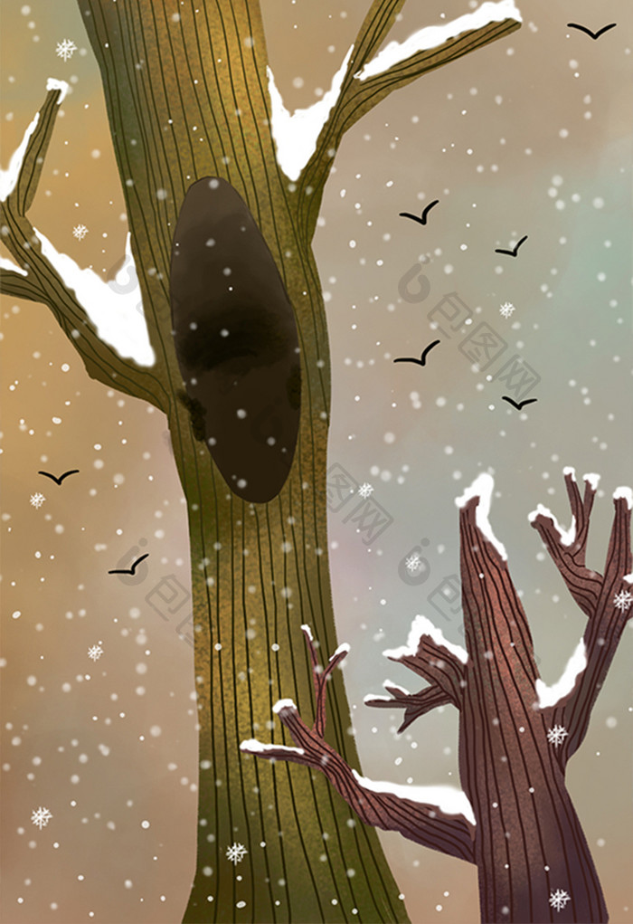 手绘雪地中的大树插画背景