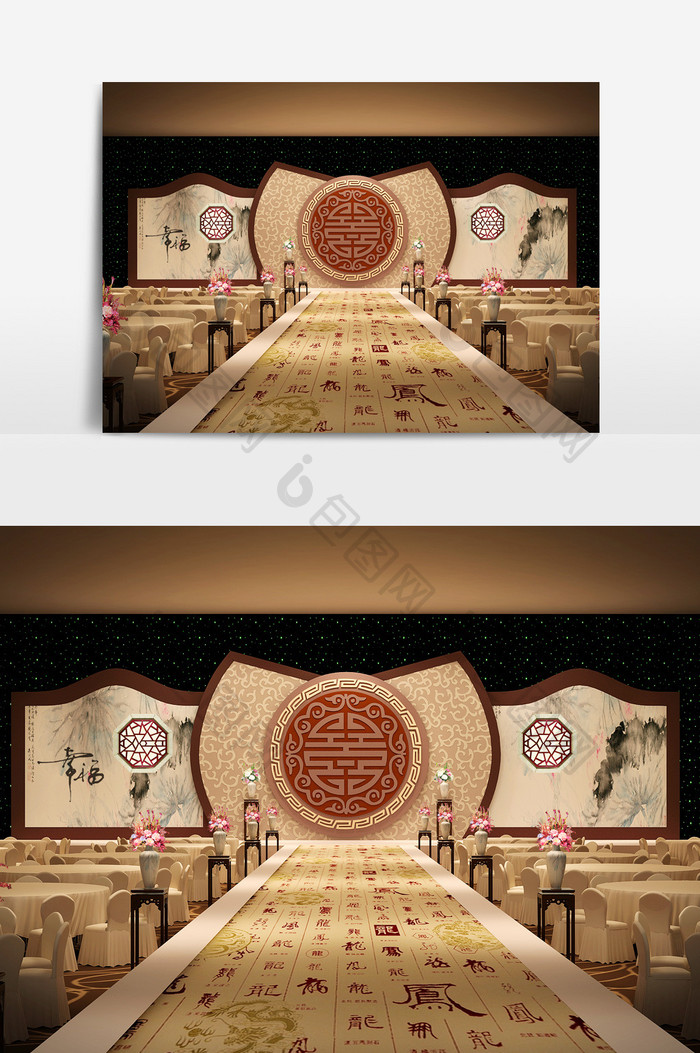 中式酒店设计主题宴会3d模型效果图