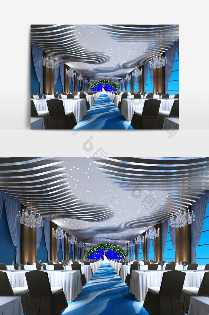 蓝色主题酒店设计宴会酒席3d模型效果图