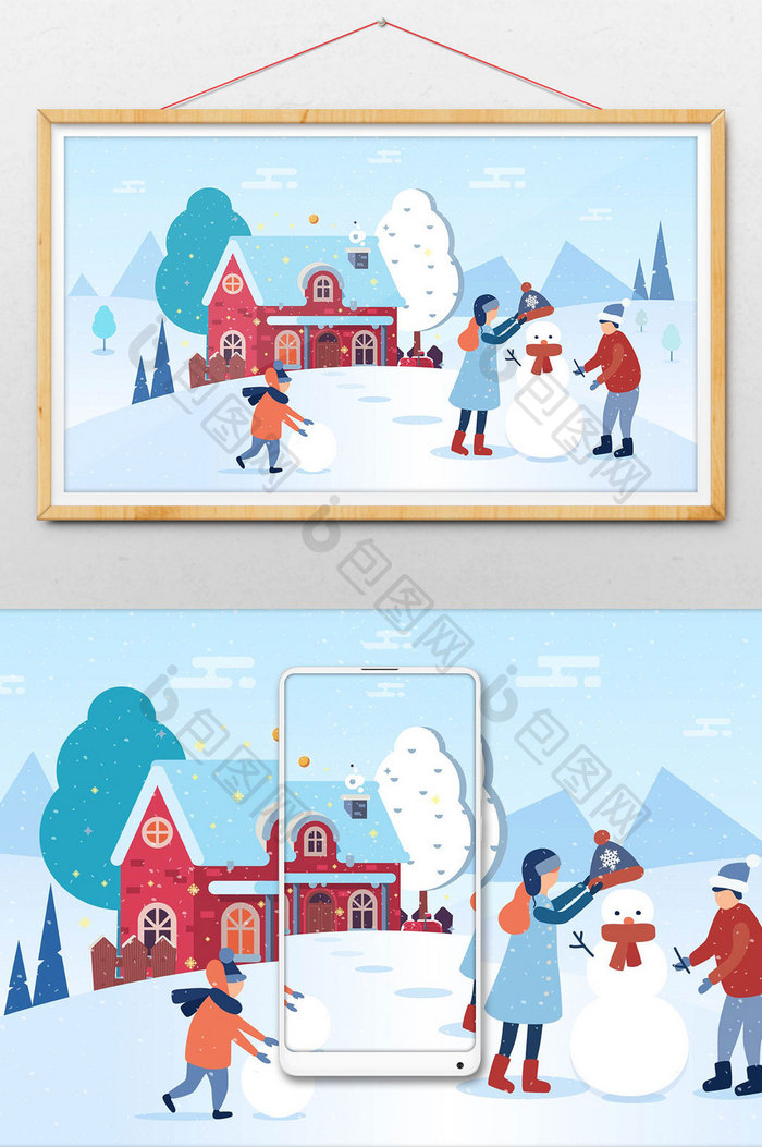 冬季野外堆雪人雪景打雪仗扁平插画