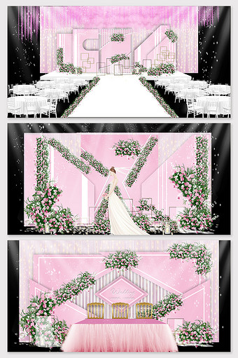现代简约韩式粉色鲜花主题婚礼舞台效果图图片