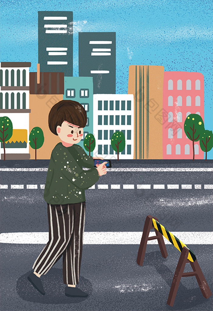 交通安全知识路标马路城市卡通插画男孩