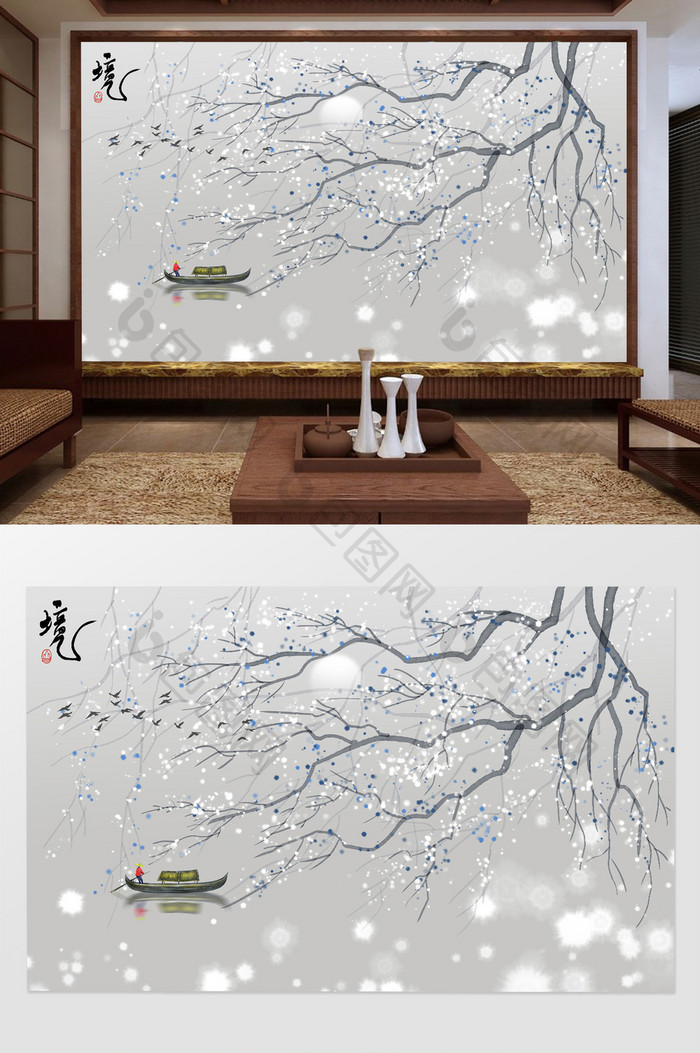 新中式意境抽象花鸟山水电视背景墙