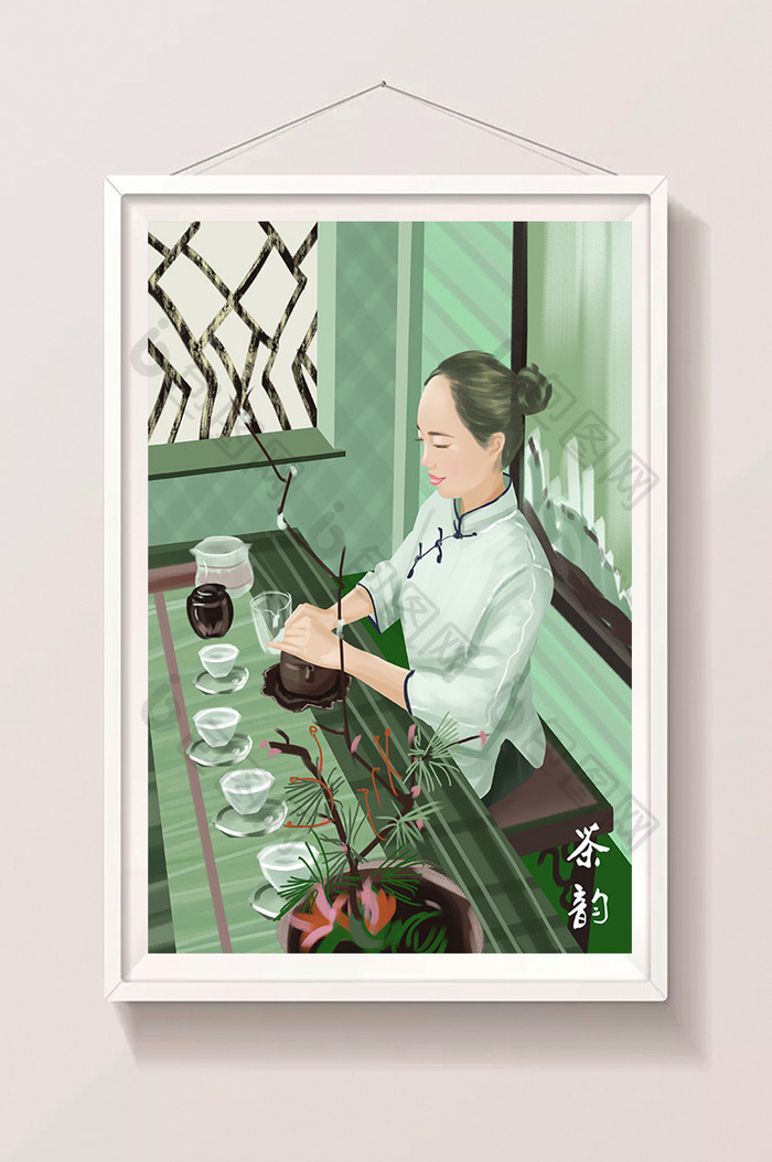 复古中国风中国传统文化茶道品茶插画