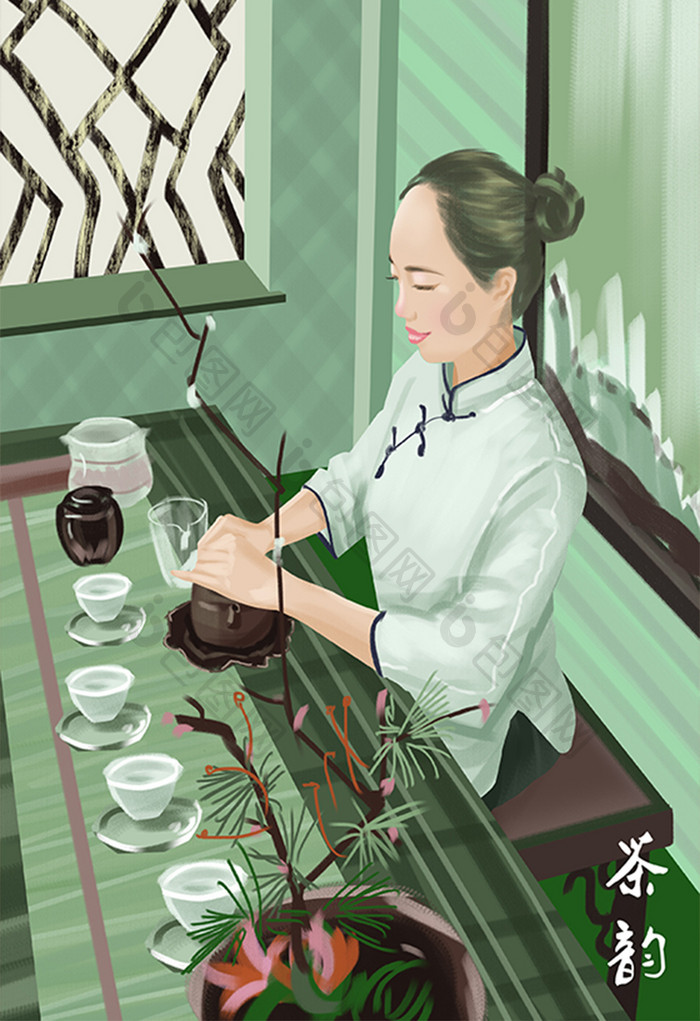 复古中国风中国传统文化茶道品茶插画