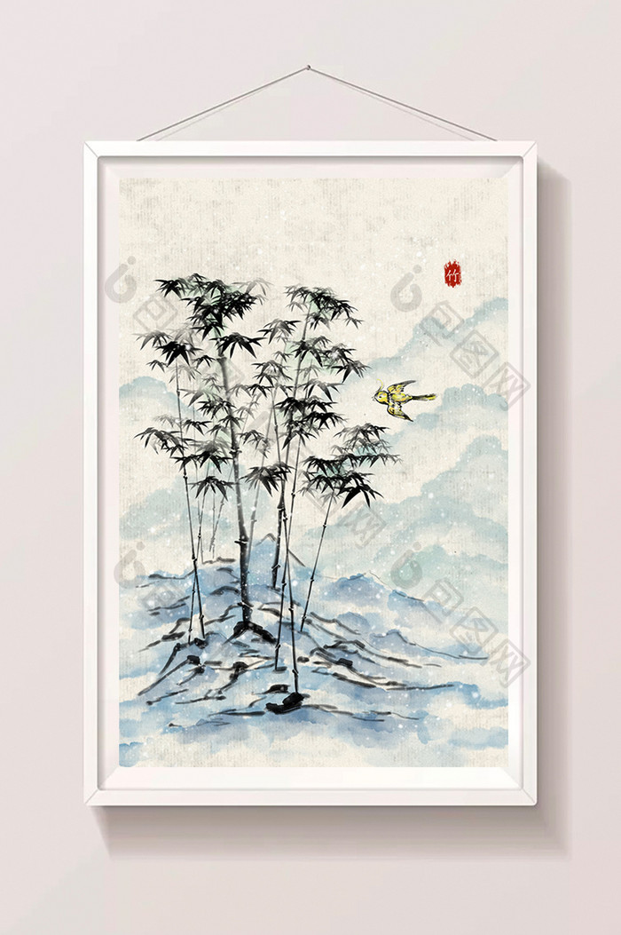 水墨竹子淡雅国画中国风插画