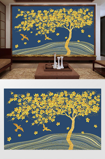 新中式金色黄金发财树电视背景墙图片