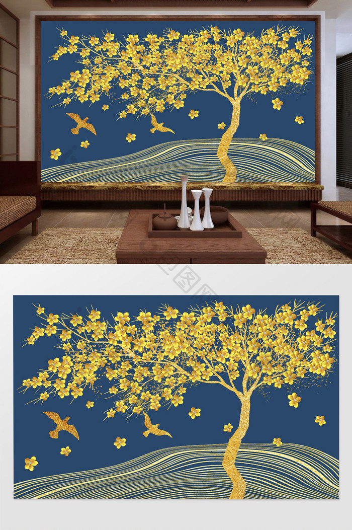 新中式金色黄金发财树电视背景墙
