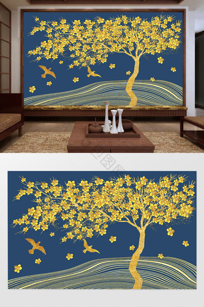 新中式金色黄金发财树电视背景墙图片