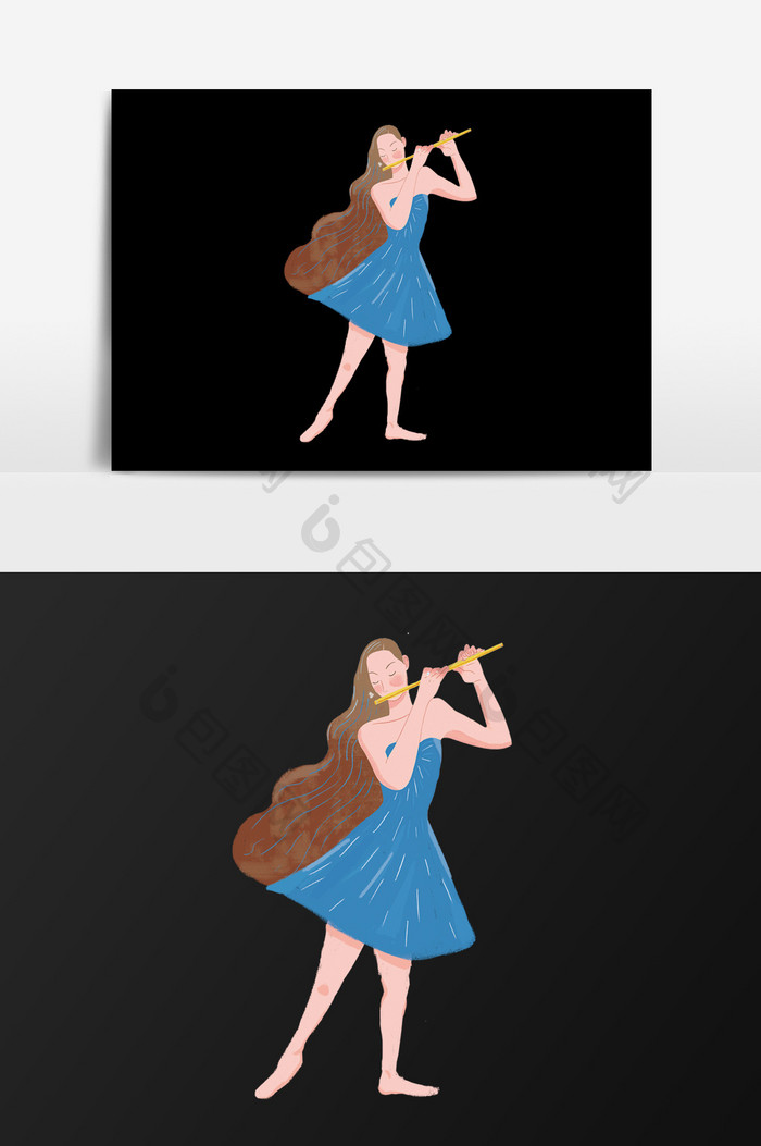 手绘吹笛子的女孩插画元素