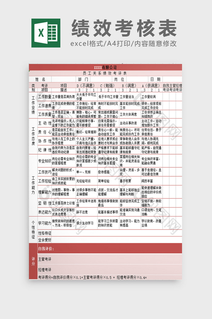 员工绩效考核Excel表模板