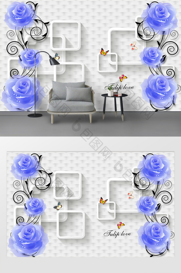 3D立体蓝色花朵背景墙