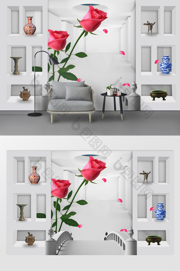 现代3D立体玫瑰花背景墙