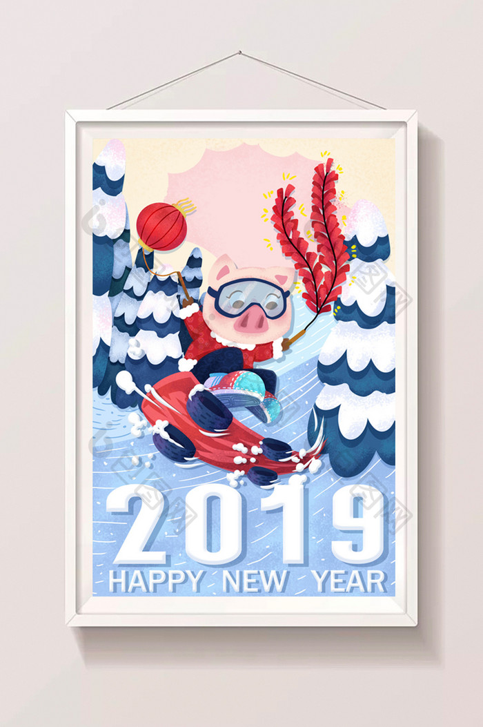 2019新年福猪滑雪放鞭炮庆祝新年创意插