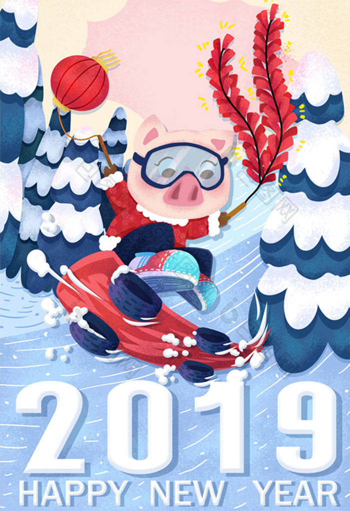 2019新年福猪滑雪放鞭炮庆祝新年创意插