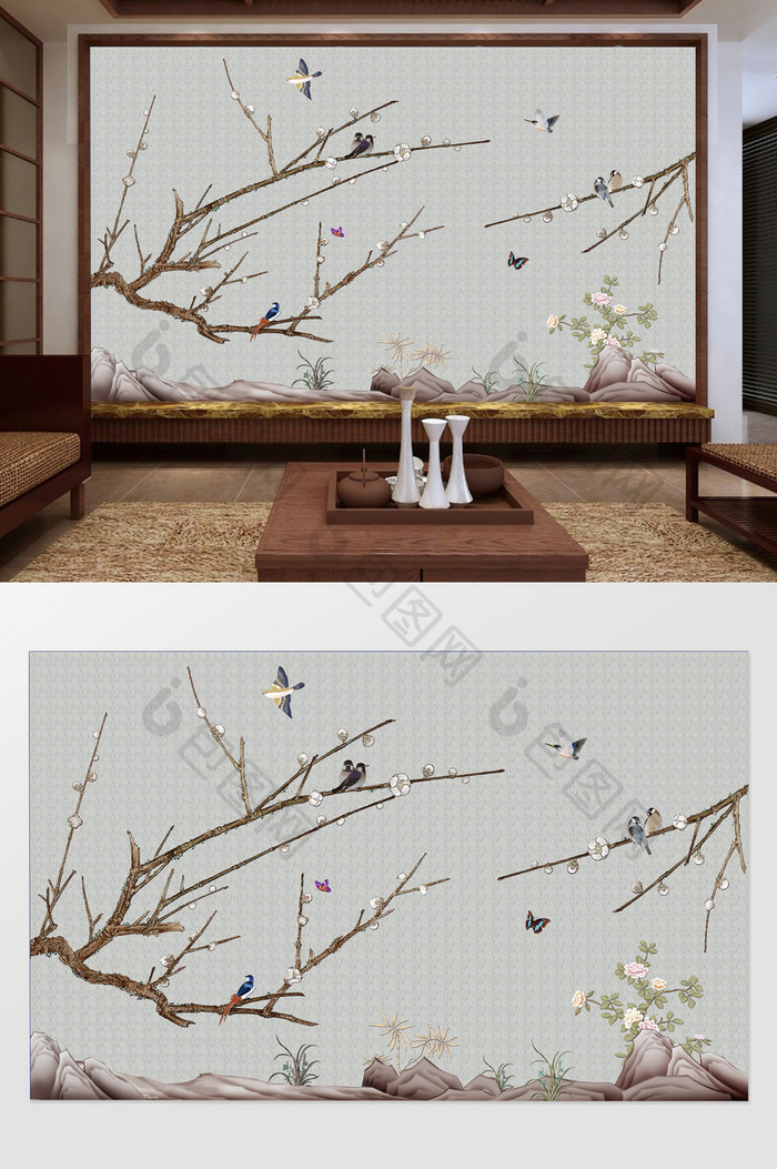 新中式清新典雅手绘树枝花鸟蝴蝶背景墙