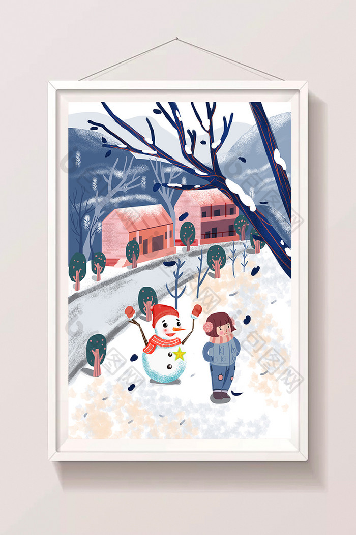 小寒卡通人物雪景堆雪人扁平卡通插画
