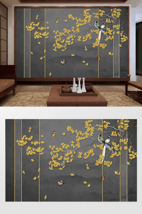 新中式手绘花鸟桃花梅花海棠花壁画背景墙