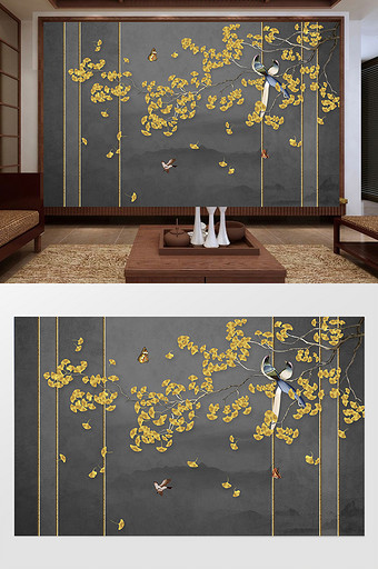 新中式手绘花鸟桃花梅花海棠花壁画背景墙图片