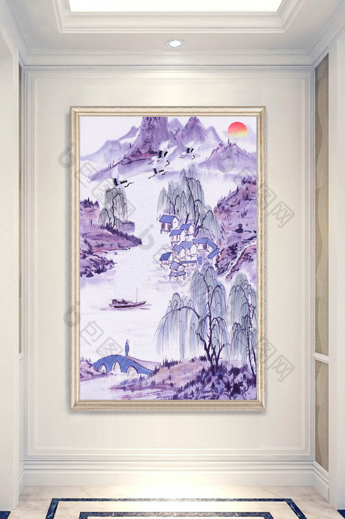 中式油画唯美山水画小船白鹤玄关装饰画