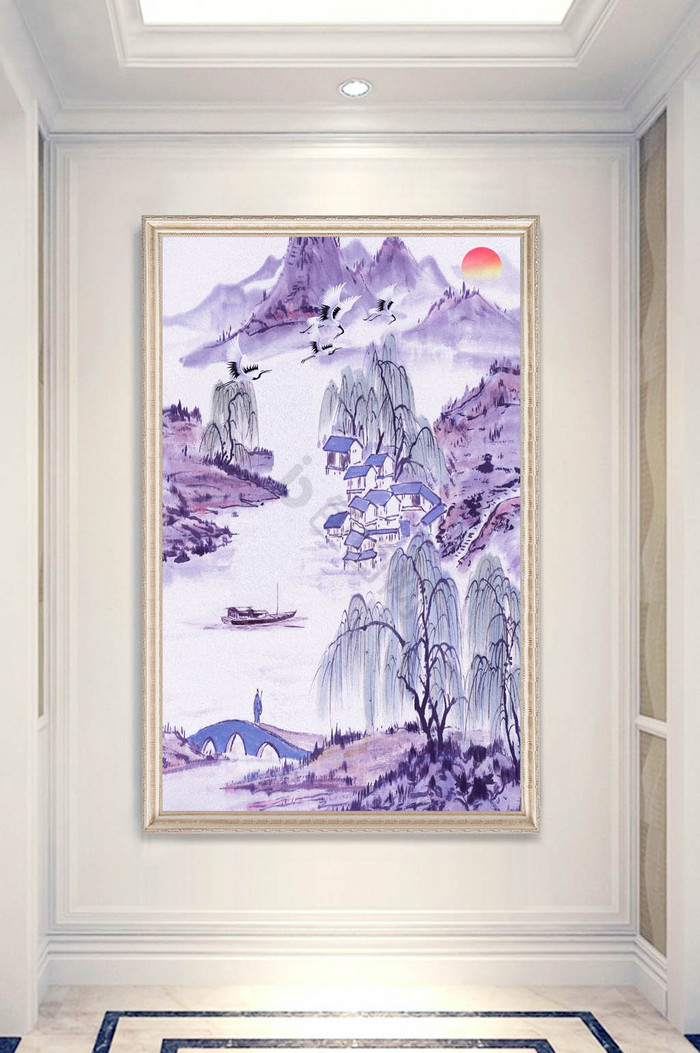 中式油画唯美山水画小船白鹤玄关装饰画图片