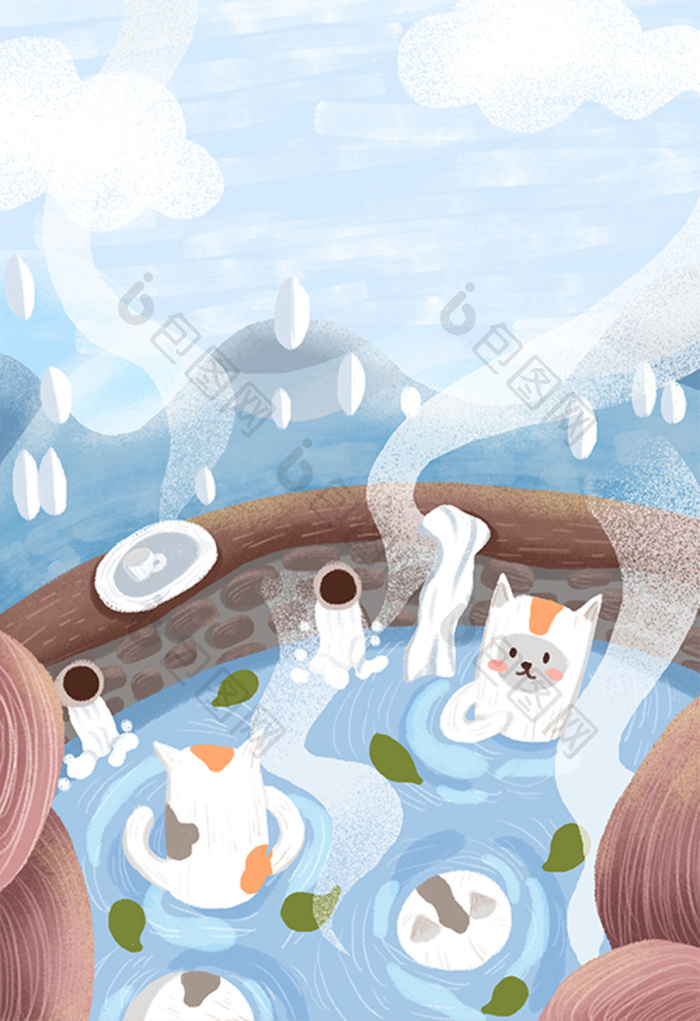 冬季猫咪山间泡温泉肌理插画图片