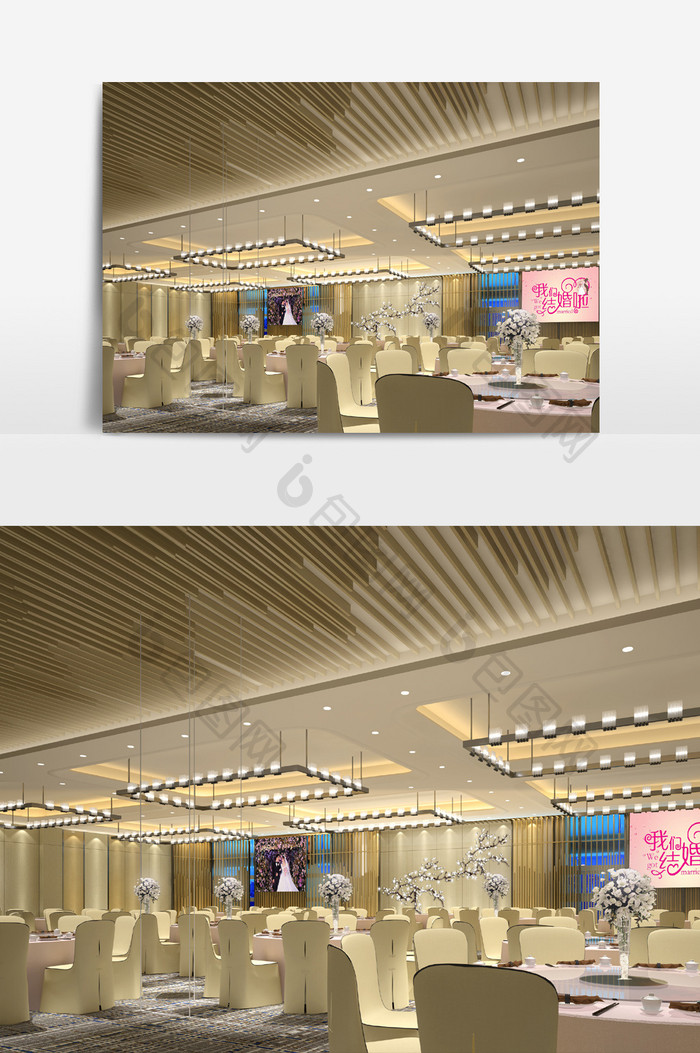 中式奢华酒店宴会厅设计3d模型效果图
