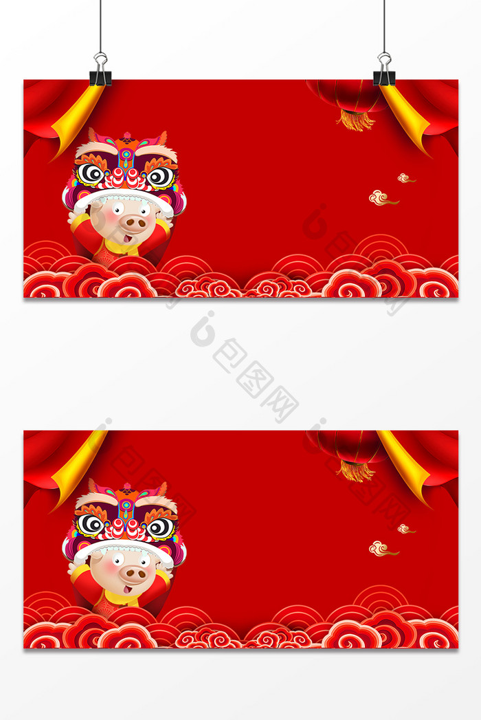 新年猪年红色中国风舞狮背景