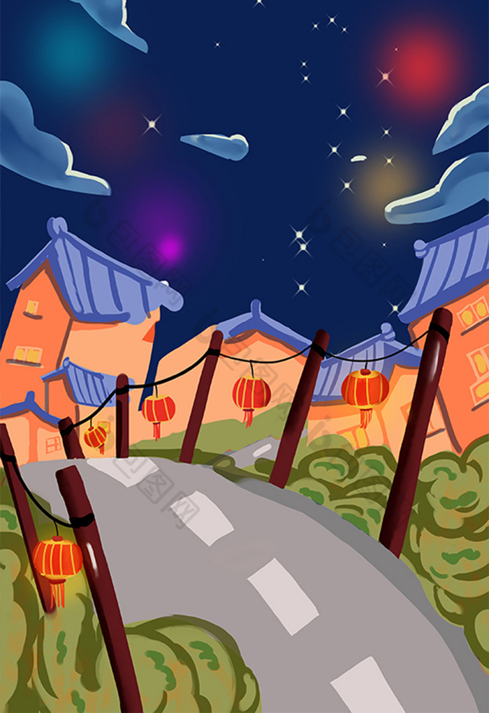 过年期间的街道插画