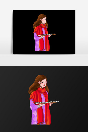 手绘端饺子的女孩插画元素图片