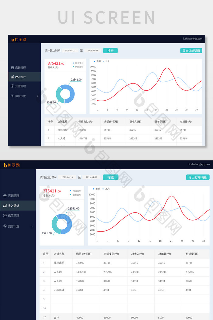 深蓝色店铺管理后台收入统计界面