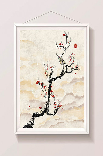 冬季梅树喜上眉梢中国风水墨插画图片