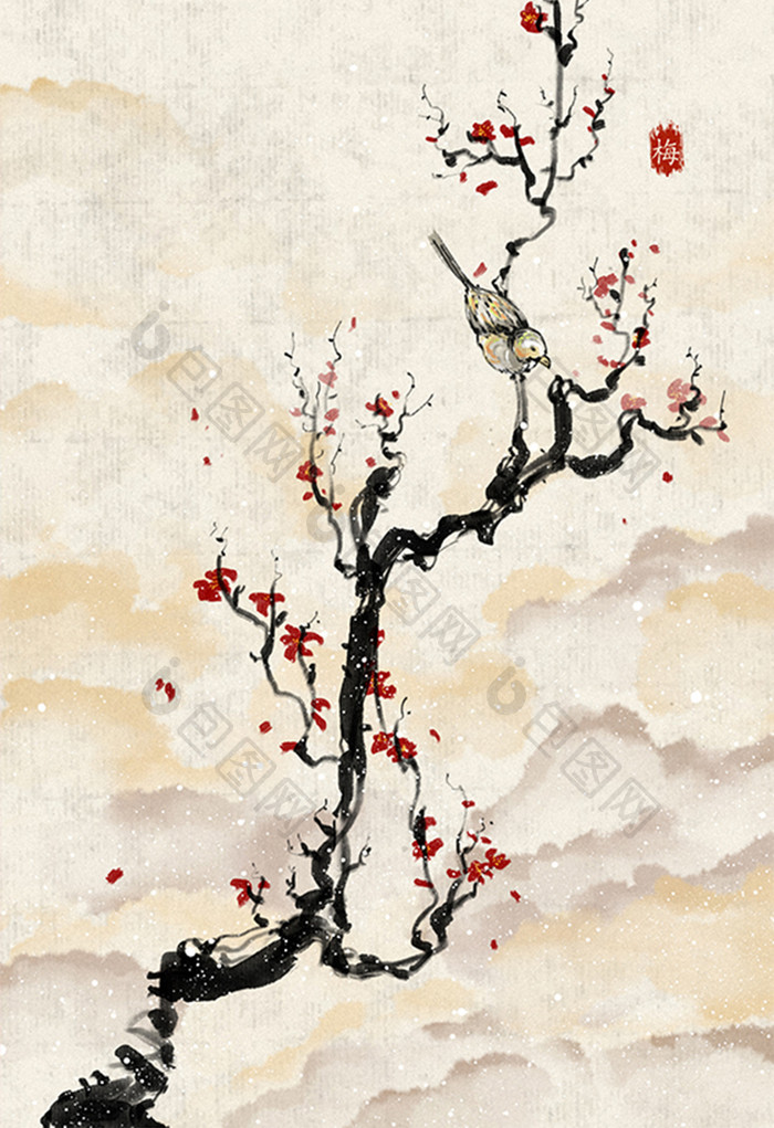 冬季梅树喜上眉梢中国风水墨插画