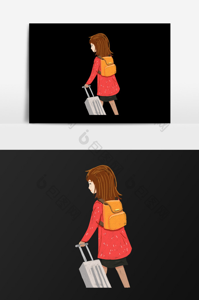 手绘拉行李的女人插画元素