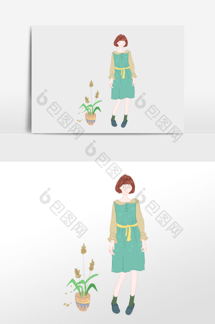 短发女孩花瓶植物插画图片图片