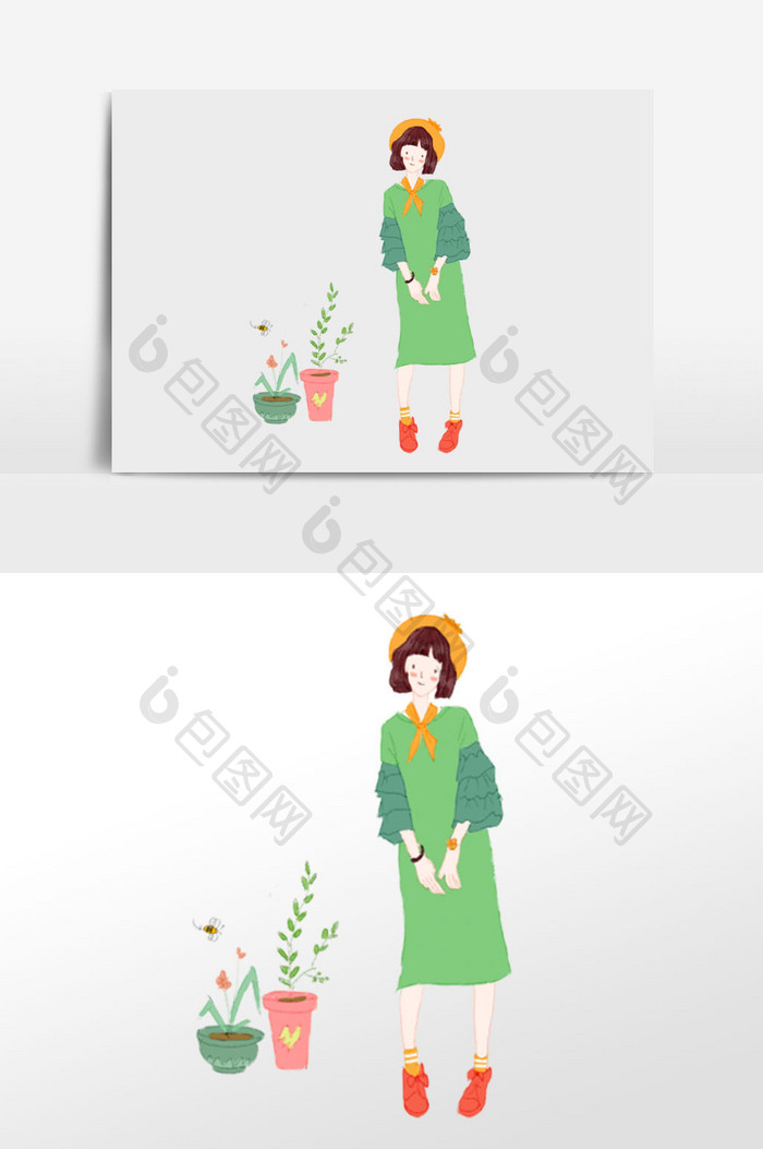 绿色短发女孩盆景植物插画