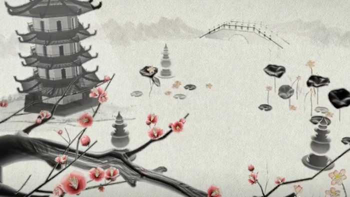 水墨绘画梅花庭院中国风格背景视频素材