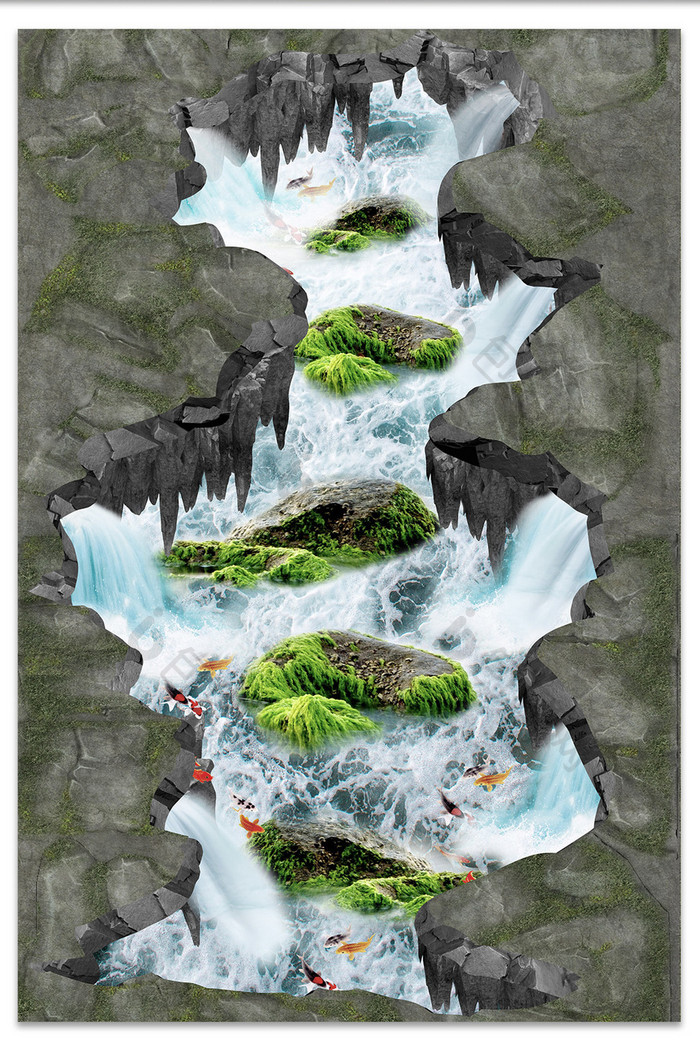 3D立体瀑布河流鲤鱼地板画