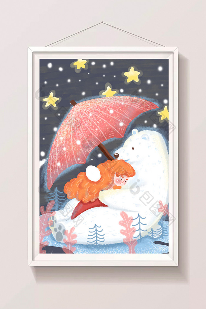 唯美清新冬季下雪北极熊抱女孩肌理插画海报