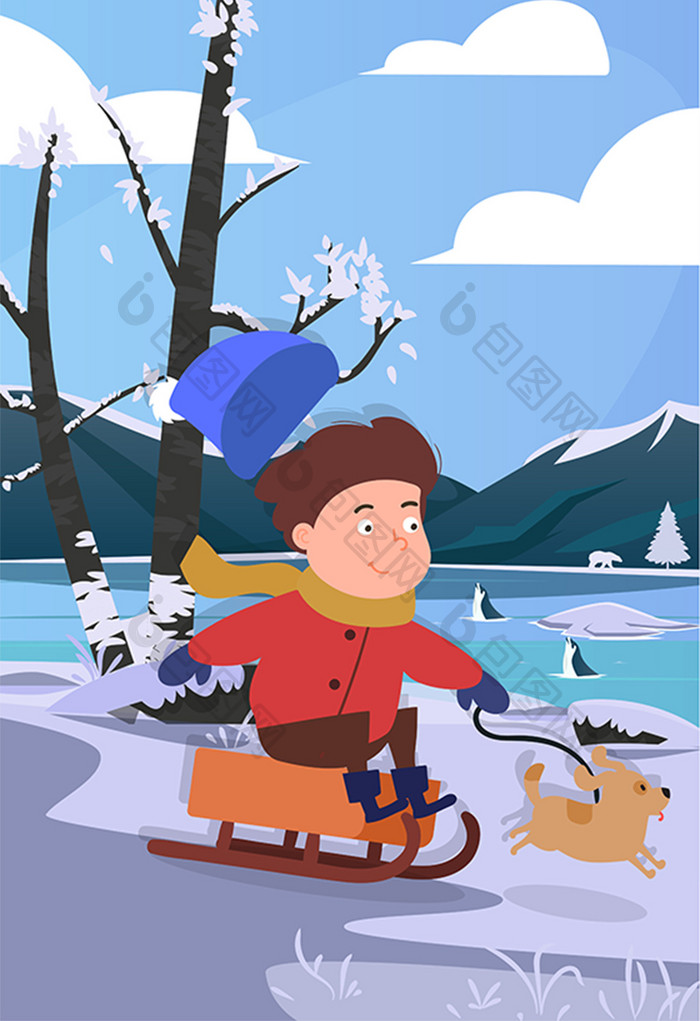 卡通男孩滑雪冬季大雪节气雪景插画