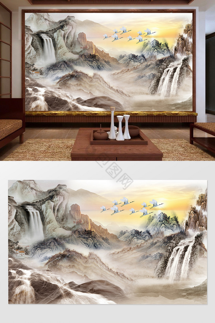 瀑布白鹤山水背景墙图片
